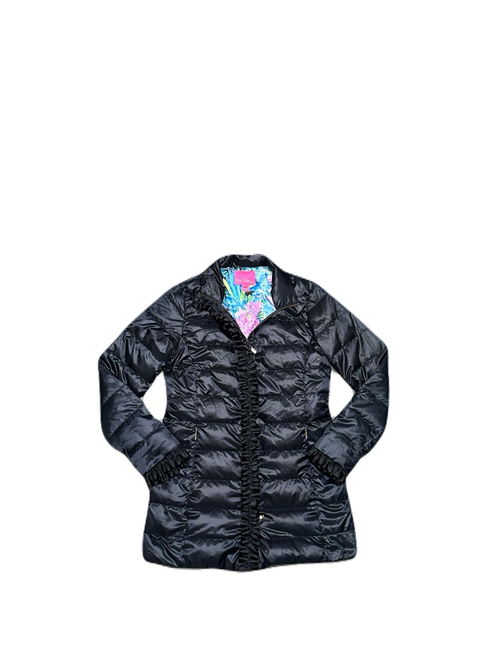 Lilly Pulitzer Doria Puffer Down Jacket Black Ruffles Down Filled Women’s Size 0